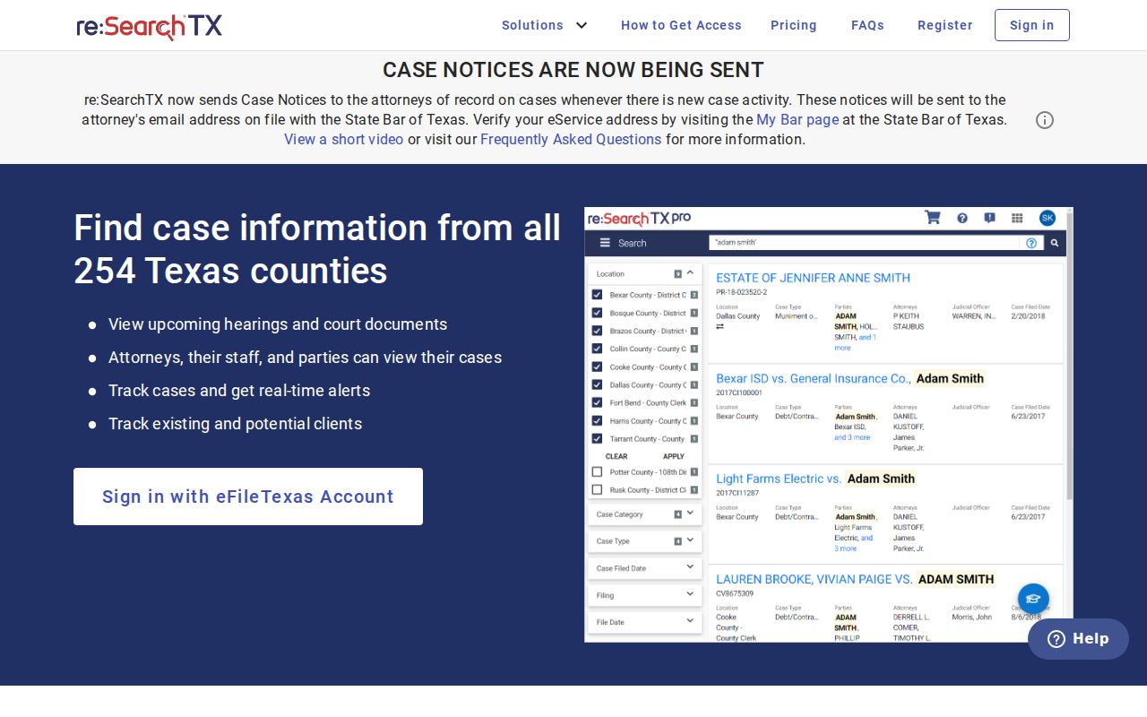 re:SearchTX service and Delta County criminal court case coverage limits