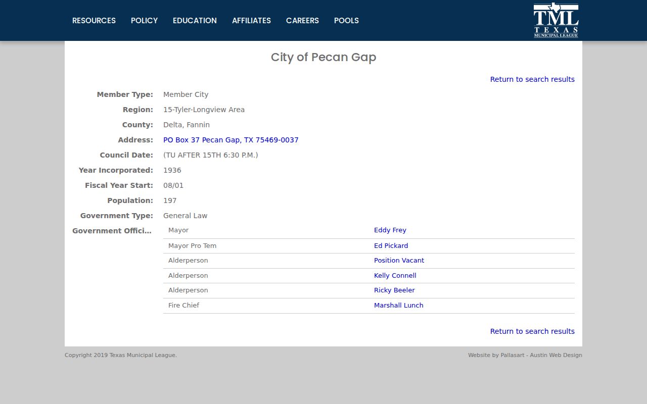 Pecan Gap record check contact in Delta County in the Texas Municipal League directory