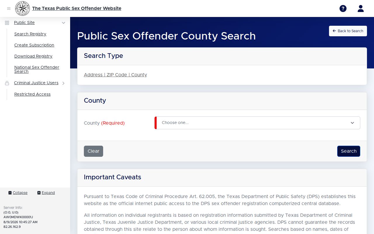 Delta County sex offender registry county dropdown in the Texas DPS portal