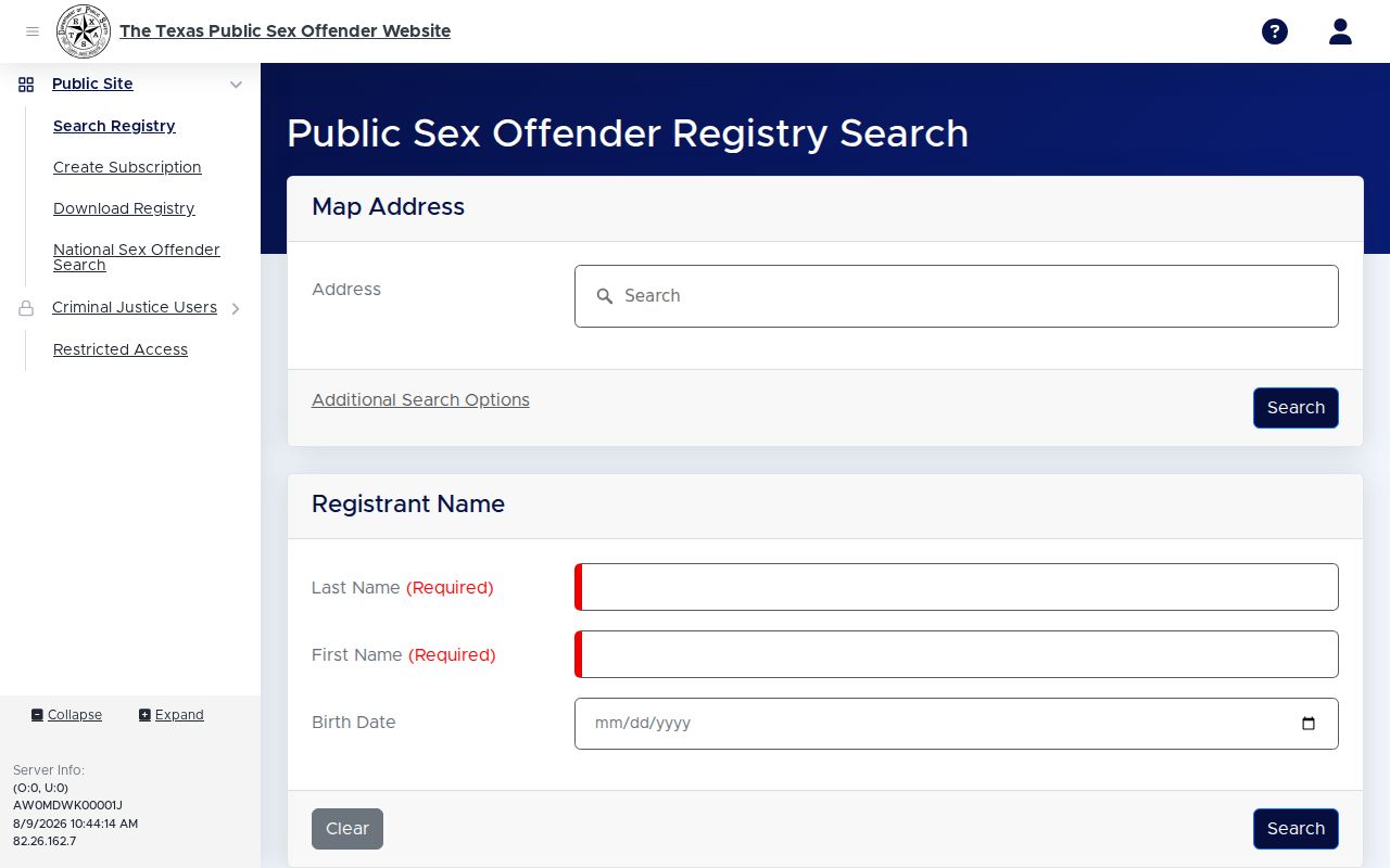 Delta County sex offender lookup on the Texas registry search screen