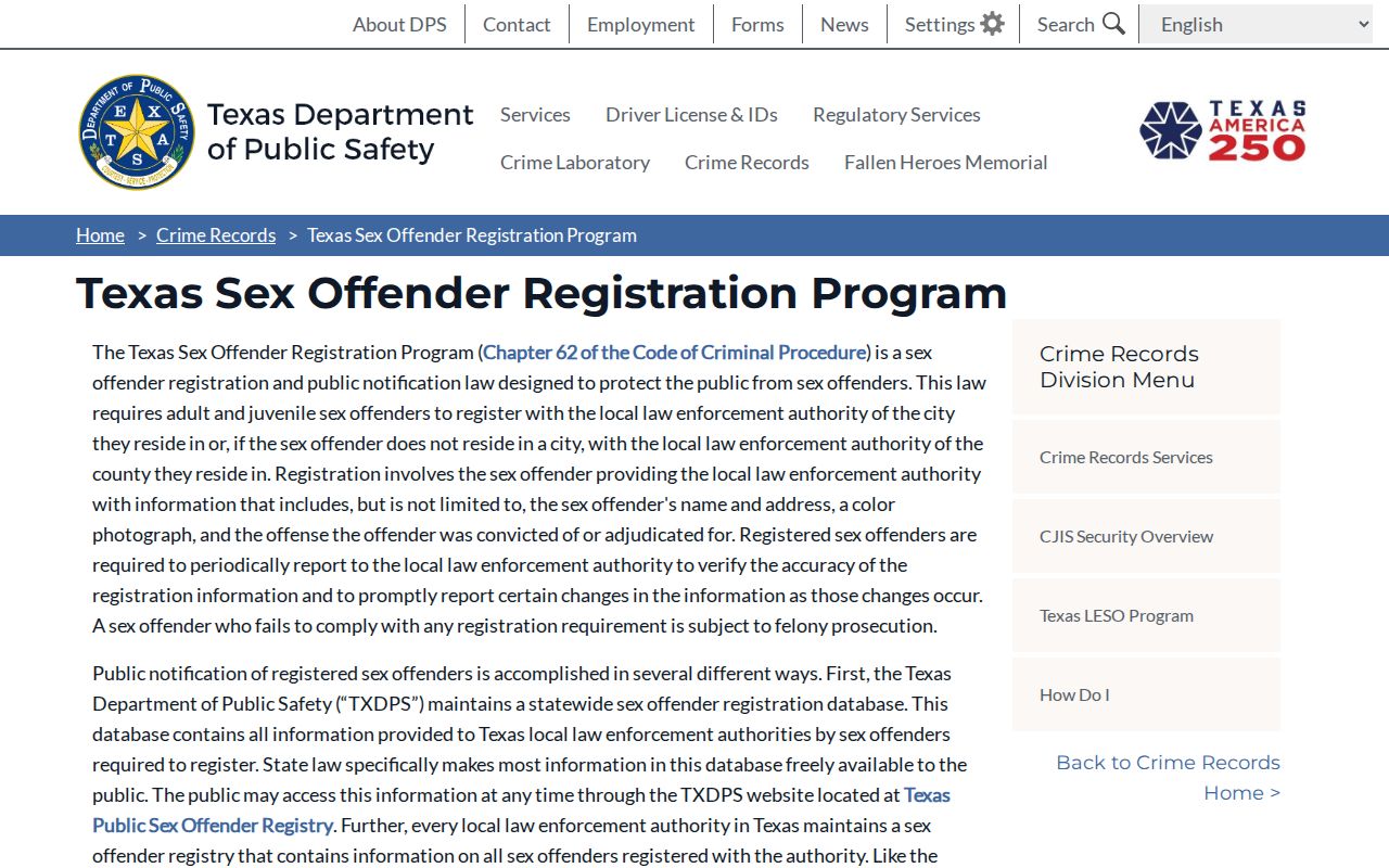 Texas DPS registration program information for Delta County sex offender records